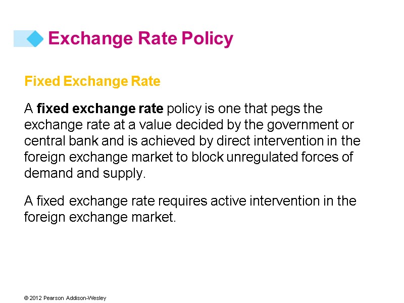 Fixed Exchange Rate A fixed exchange rate policy is one that pegs the exchange